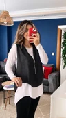 Kadın Uzun Kol Asimetrik Kesim Viskon Bluz Ve çatlak Deri Görünümlü Fermuar Detaylı Yelek Ikili Takım - 1