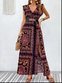 Kadın Kısa Kollu V Yakalı Deseni Yırtmaçlı Süprem Elbise thumbnail 6