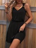 Kadın Askılı V Yaka Belden Büzgülü Aksesuar Detaylı Viskon Elbise thumbnail 4