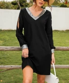 Kadın Siyah Uzun Kollu Kollar Tül Yırtmaçlı V Yakalı Kısa Krep Elbise thumbnail 4