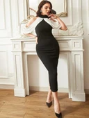 Kadın Daire Yakalı Omuzlardan Kollara Yayılan Kanat Detaylı çift Renkli Uzun Ithal Krep Elbise thumbnail 2