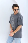 Unisex Oversize Taşlı Bisiklet Yaka T-Shirt - Füme thumbnail 4