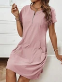 Kadın Kısa Kollu Yakası Açık Fermuarlı Cep Detaylı Ithal Keten Elbise thumbnail 4