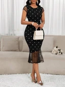 Kadın Kısa Kollu Bisiklet Yakalı Puantiyeli Tül Detaylı örme Krep Elbise thumbnail 3