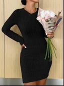 Kadın Uzun Kollu Bisiklet Yaka şardonlu Kalın Fitilli Kaşkorse Mini Boy Elbise thumbnail 3