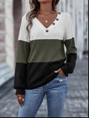 Kadın Uzun Kollu V Yakalı Düğmeli çok Renkli Waffle Bluz thumbnail 5