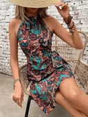 Kadın Omuzlardan Açık Yarı Balıkçı Yaka Yandan çapraz Bağlama Detaylı Süprem Kısa Elbise thumbnail 3