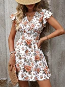 Kadın Kısa Kollu Kruvaze Yakalı çiçek Desenli Süprem Elbise thumbnail 1