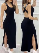 Kadın Yuvarlak Yaka Sırttan çapraz şerit Love Detaylı Yırtmaçlı Viskon Elbise thumbnail 1