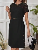 Kadın Kısa Kollu Bisiklet Yaka Dantel Detaylı Düğmeli Modal Elbise thumbnail 2
