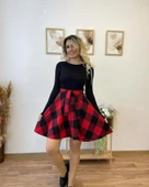 Kadın Uzun Kollu Bisiklet Yaka üst Viskon Alt Ekose Kısa Elbise thumbnail 3