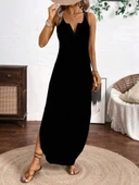 Kadın Askılı Yuvarlak Yaka Asimetrik Detaylı Viskon Elbise thumbnail 6