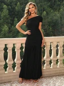 Kadın Asimetrik Yaka Detaylı Omuzu Açık Büzgülü Yırtmaçlı Sandy Elbise thumbnail 3