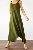 Kadın çan Dokuma Kumaş V Yaka Asimetrik Kesim Elbise thumbnail 2