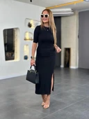 Kadın Kısa Kollu Bisiklet Yaka Yandan Yırtmaçlı Viskon Iki Iplik Elbise thumbnail 2