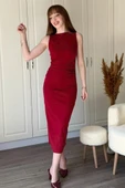 Kadın Sıfır Kol Sıfır Yaka Drape Detaylı Midi Janjan Krep Elbise thumbnail 3