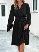 Kadın Uzun Kollu V Yakalı Belden Kuşaklı Kiloş Krep Elbise thumbnail 4