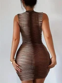 Kadın Sıfır Kol Desenli Mini Bodycon Dalgıç Elbise thumbnail 5