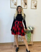 Kadın Uzun Kollu Bisiklet Yaka üst Viskon Alt Ekose Kısa Elbise thumbnail 2