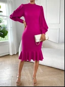 Kadın Uzun Kollu Yarı Balıkçı Yaka Etek Ucu Fırfır Detaylı Midi Ithal Krep Elbise thumbnail 6