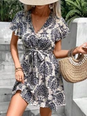 Kadın Kısa Kollu V Yakalı Beli Kuşaklı Desenli Sofya Elbise thumbnail 4