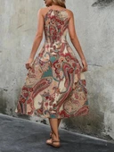 Kadın Kolsuz Boyundan Bağlamalı Beli Lastikli Etnik Desen Baskı Süprem Uzun Elbise thumbnail 3