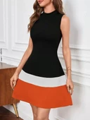 Kadın Sıfır Kol Yarı Balıkçı Yaka şerit Detaylı Ithal Krep Elbise thumbnail 4