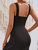 Kadın Askılı V Yakalı önden Fırfırlı Uzun Dalgıç Elbise thumbnail 6