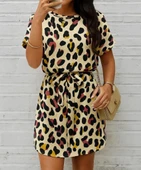 Kadın Kısa Kollu Yuvarlak Yaka Beli Kuşaklı Geometrik Desenli Süprem Elbise thumbnail 2