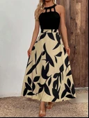 Kadın Sıfır Kollu Yakadan şeritli Omuzlardan Açık Janjan Krep Desenli Al Dalgıç Maxi Elbise thumbnail 4