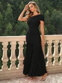 Kadın Asimetrik Yaka Detaylı Omuzu Açık Büzgülü Yırtmaçlı Sandy Elbise thumbnail 2