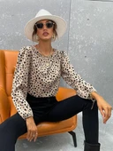 Kadın Uzun Kollu Bisiklet Yaka Desenli Bluz thumbnail 3