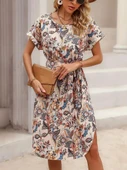 Kadın Kısa Kollu Bisiklet Yaka çiçek Desenli Kuşaklı Süprem Midi Elbise thumbnail 4