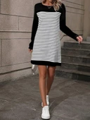 Kadın Bisiklet Yaka Uzun Kol çizgili Iki Iplik Kumaş Mini Boy Elbise thumbnail 3