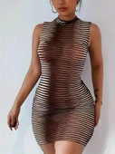 Kadın Sıfır Kol Desenli Mini Bodycon Dalgıç Elbise thumbnail 4