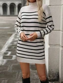 Kadın Uzun Kollu Yarım Balıkçı Yaka çizgilitriko Mini Boy Elbise (kemersiz) thumbnail 1