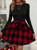 Kadın Uzun Kollu Bisiklet Yaka üst Viskon Alt Ekose Kısa Elbise thumbnail 1