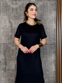 Kadın Kısa Kollu Bisiklet Yaka Yırtmaçlı Viskon Iki Iplik Elbise thumbnail 2