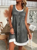 Kadın Askılı Yuvarlak Yakalı Kot Görünümlü Kısa Süprem Elbise thumbnail 3