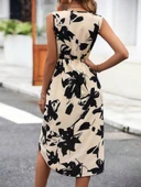 Kadın Sıfır Kol Kruvaze Yaka önden çapraz Kesim Detaylı Desenli Oysho Süprem Elbise thumbnail 9