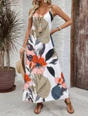 Kadın Ip Askılı Geniş V Yakalı Desenli Süprem Elbise thumbnail 4