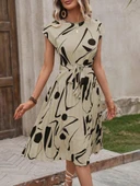 Kadın Kısa Yarasa Kollu Yuvarlak Yaka Beli Büzgülü Süprem Elbise thumbnail 2