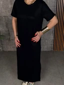 Kadın Kısa Kollu Bisiklet Yaka Yırtmaçlı Viskon Iki Iplik Elbise thumbnail 4