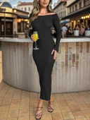 Kadın Uzun Kollu Madonna Yaka Parmak Geçmeli Detay Kaşkorse Elbise thumbnail 4