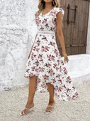 Kadın Kısa Kollu V Yakalı çiçek Desenli önü Kısa Arkası Uzun Süprem Elbise thumbnail 6