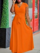 Kadın Kısa Kollu V Yakalı Belden Kuşaklı Maksi Boy Viskon Elbise thumbnail 2