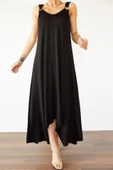 Kadın çan Dokuma Kumaş V Yaka Asimetrik Kesim Elbise thumbnail 2
