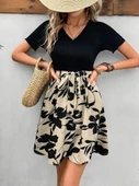 Kadın Kısa Kollu V Yakalı Belden Kuşaklı çiçek Desenli üst Viskon Alt Süprem Elbise thumbnail 1