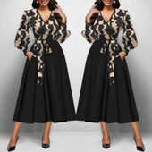 Kadın Uzun Kollu Kruvaze Yaka Dalgıç Krep Midi Boy Elbise thumbnail 3