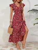 Kadın Kısa Kollu Kruvaze Yaka Beli Lastikli çiçek Desenli Elbise thumbnail 1